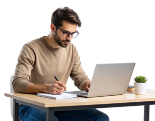 Student with Glasses Taking Notes on Laptop, transparent