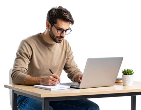 Student with Glasses Taking Notes on Laptop, transparent