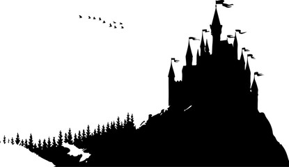 Obraz premium Ancient Haunted Castle Silhouette – Vector Illustration