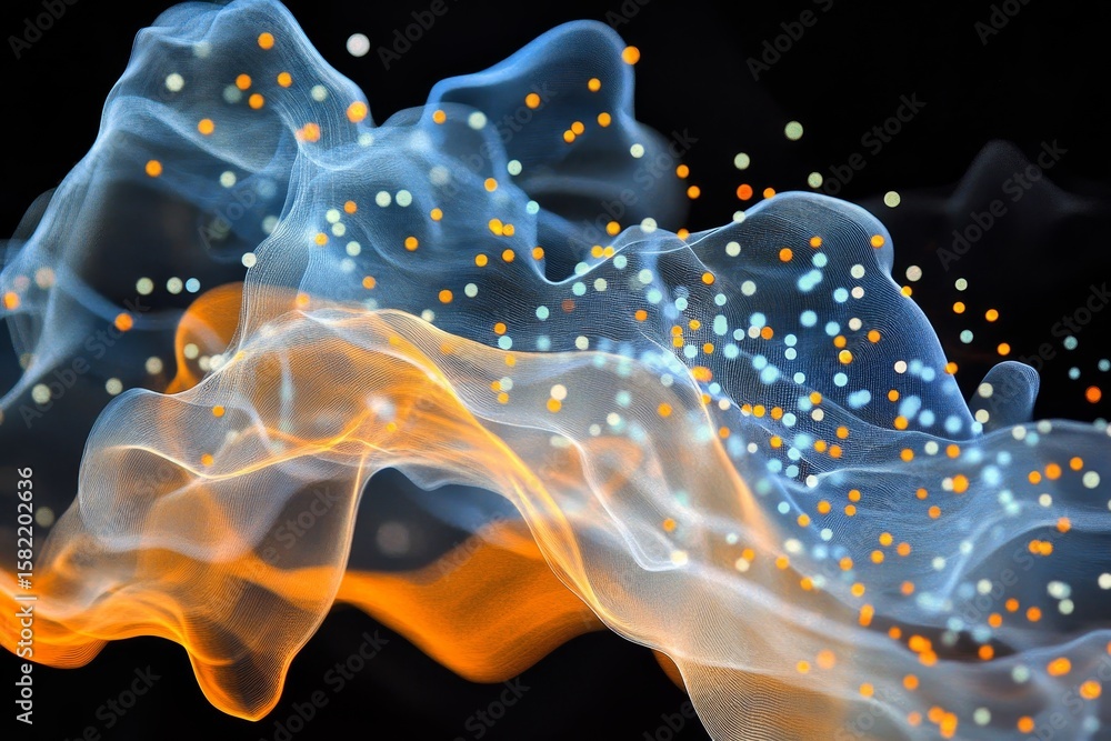 Fototapete abstract design with flowing shapes and particles.