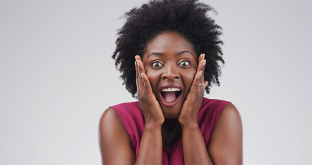 Happy, black woman or portrait with shock for winning or bonus in studio on a white background....