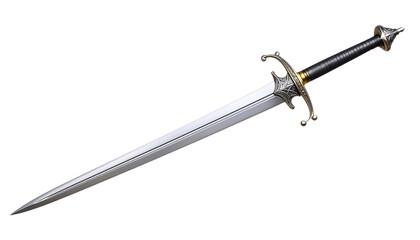 Silver sword or rapier with a long, narrow blade and detailed hilt design, isolated on a white background PNG
