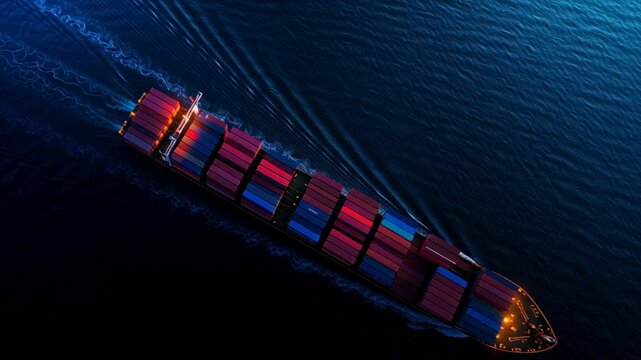 Aerial View of Cargo Ship Navigating Deep Blue Ocean at Night Illuminated by Bright Lights, Loaded with Colorful Containers, Creating Striking Contrast Against Dark Waters