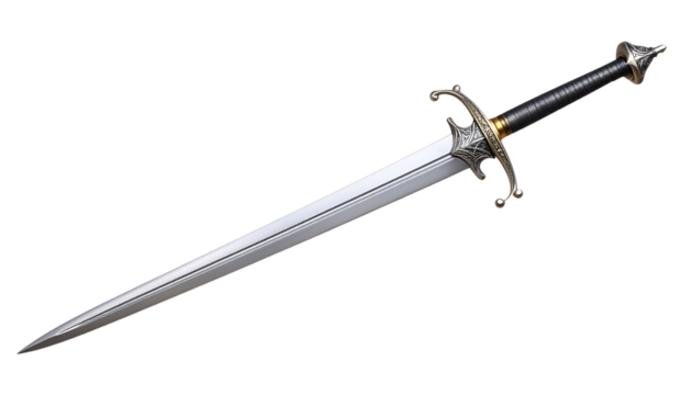 Silver sword or rapier with a long, narrow blade and detailed hilt design, isolated on a white background PNG - Powered by Adobe