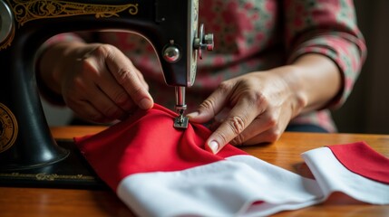 Hands sewing Indonesian flag fabric on vintage machine for Independence Day