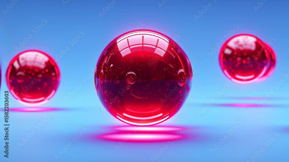 Poster three glossy red spheres floating above a smooth blue surface, reflecting light and creating a vibra
