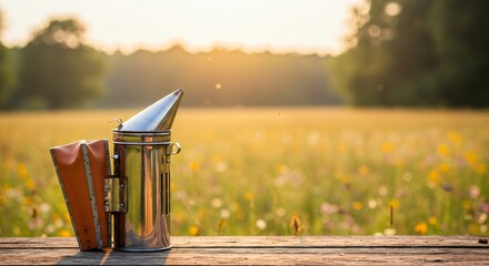 A smoking metal bee smoker tool stands on a wooden surface in a green field with yellow flowers at sunset.