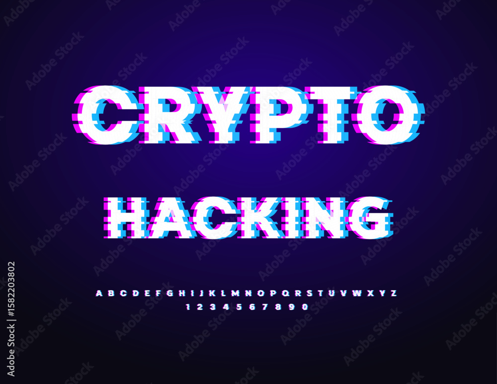 Aufkleber vector digital icon crypto hacking. broken uppercase font. glitched pixels alphabet letters and numb