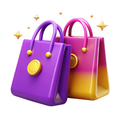 3d shopping bags with golden accents isolated on transparent background