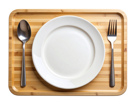 Rectangular Bamboo Tray with Ceramic Plate and Cutlery, transparent