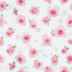 Pink roses scattered white background create romantic and elegant floral pattern, perfect for wedding invitations or feminine designs. soft petals and delicate hues evoke sense of beauty and grace