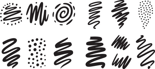 Abstract doodle brush stroke elements, perfect for adding a touch of creativity and flair to any design. Featuring a variety of hand-drawn shapes and textures.