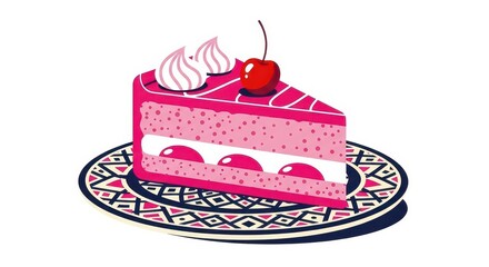 Pink cake slice with cherry and cream on decorative plate - Concept of dopamine design  