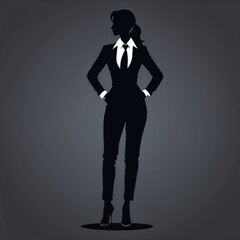 Fototapeta premium Silhouette of a woman in a black suit with a white shirt and tie standing confidently posing