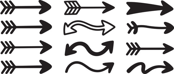 A collection of diverse arrows pointing towards the right, perfect for various designs and projects. Each arrow is unique in shape and style. 