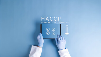 HACCP guidelines displayed on tablet with hands in gloves, emphasizing safety and control