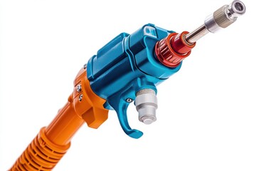 Blue Orange Spray Gun Power Tool Equipment Industrial Nozzle Hardware Closeup on white background. Generative Ai