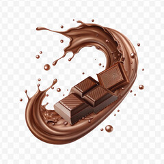 realistic 3d chocolate fluid splash flow with drops, bubbles  in curve style isolated on transparent background