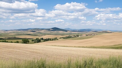 Fototapeta premium Rolling hills of golden wheat fields under a bright summer sky, a small village nestled in the valley