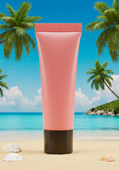 Pink tube of cosmetic product on a beach
