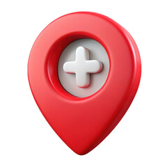 3d red location pin with white plus icon isolated on transparent background