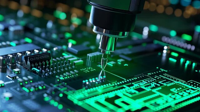 Close Up of Circuit Board with Precision Tool and Green Light Intricate Electronic Components and Pathways Showcasing Advanced Technology and Precision Engineering