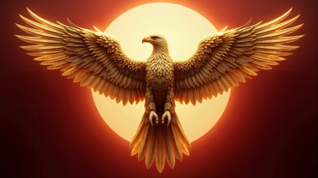 Golden Garuda bird symbol of Indonesia against red background