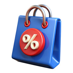 3d blue shopping bag with percentage symbol isolated on transparent background