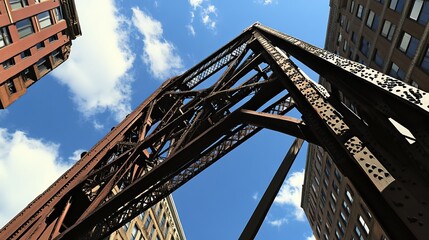 Naklejka premium Low-angle view of a rusty metal bridge structure against a partly cloudy sky, flanked by tall buildings