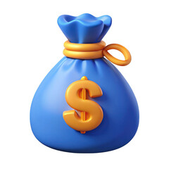 3d blue money bag with golden dollar sign isolated on transparent background
