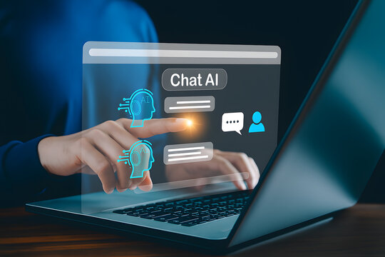User Interacting with Chat AI on Laptop for Digital Communication, Virtual Assistance and Online Services