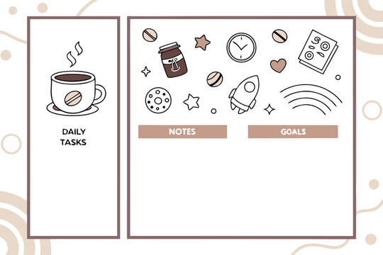 Cute hand drawn planner page with sections for daily tasks notes and goals featuring charming doodles of coffee stars a rocket and a clock