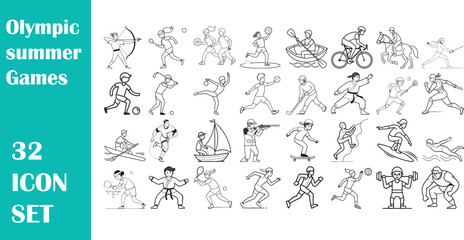 Collection of 32 Olympic summer games sport icons isolated on a white background