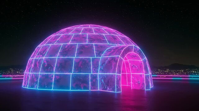 Neon-lit igloo under a starry night sky at a festival