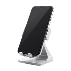 Smartphone stand isolated, Transparent mobile object, Desk gadget PNG, Phone holder for designers, Angle adjustable stand, Compact table mount, Plastic device holder