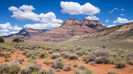 Majestic red rock formations rise dramatically under a vibrant blue sky, overlooking a vast desert landscape of shrubs and sparse vegetation