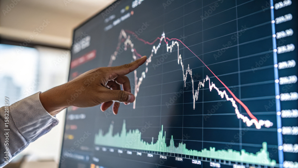 Poster graph showing sharp decline with hand pointing, indicating market trends and analysis