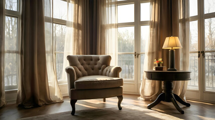 Fototapeta premium Peaceful interior space with warm lighting and classic armchair setup 