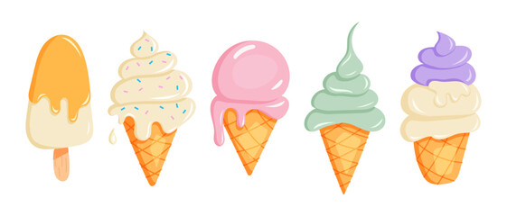 Set of kawaii ice cream cones with different flavors