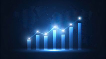 Digital bar chart shows growth over global map background, symbolizing progress and success