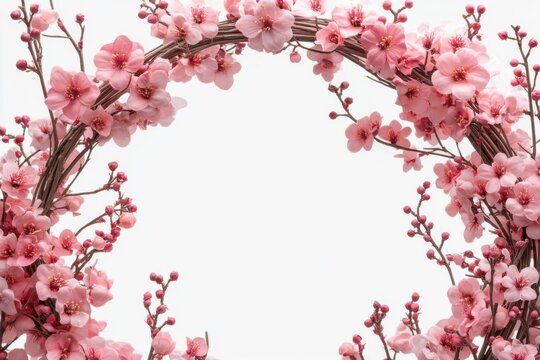 Spring blossoms beauty archway branches romantic pink petals nature floral on white background. Generative Ai - Powered by Adobe