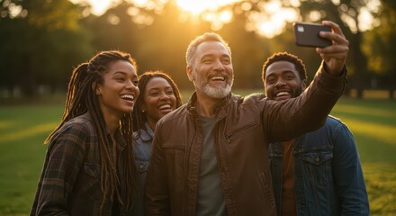 Group of friends smiling and taking selfie in park at sunset - Concept of dopamine design