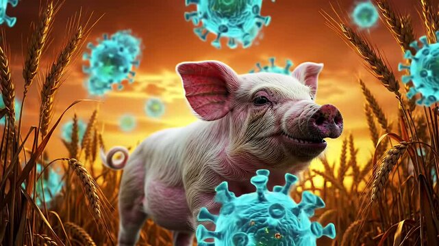 Piglet in Wheat Field with Virus Particles: Abstract Animation of a Rural Sunset