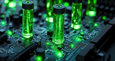 Close-up of glowing green tubes on a circuit board