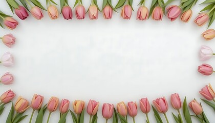 Rectangular Tulip Frame with Soft Pastel Flowers and White Background – Nature-Inspired Decoration and Elegant Floral Border Concept