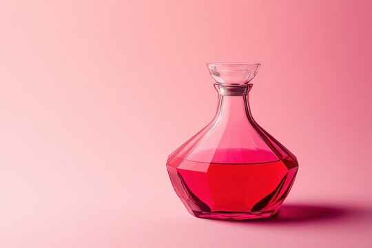 Pink glass decanter filled with a reddish liquid.