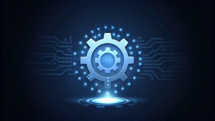 Cogwheel symbolizing technology and innovation with binary data processing