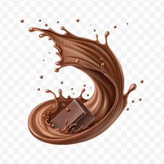 realistic 3d chocolate fluid splash flow with drops, bubbles  in curve style isolated on transparent background