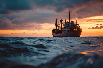 Vintage Cargo Ship on Sea: Sunset Voyage