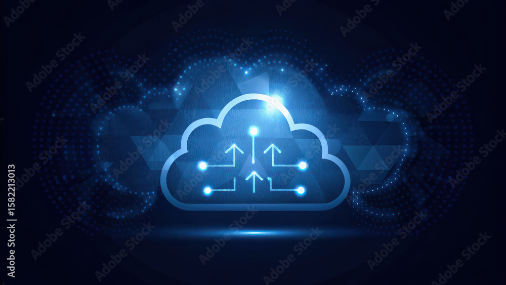 Poster digital cloud with data exchange nodes in neon blue, representing connectivity and technology